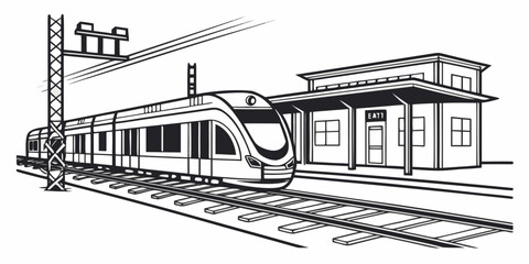 A vintage train station with a locomotive and passenger cars on the tracks © Mamun