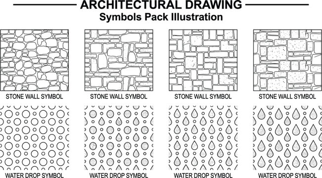 Collection of architectural drawing symbols featuring various stone wall textures and water drop patterns for technical floor plans.