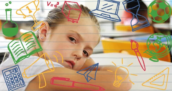 Student resting on desk, camera zooming gaze shifting sparking animated school doodles and learning