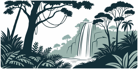 A serene landscape with a waterfall and lush greenery in the background. © Mamun