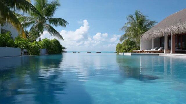 Tropical luxury resort with infinity pool and palm trees under clear blue sky