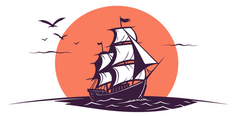 A majestic sailing ship with three masts and billowing sails on a calm sea at sunset © Mamun