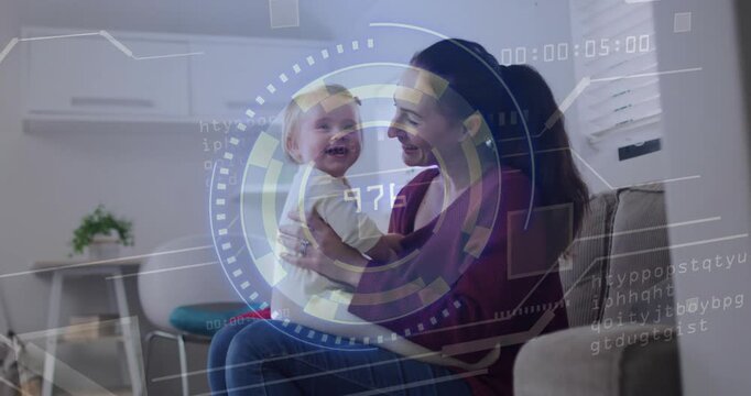 Mother pulling head away from kiss on sofa triggers HUD rotating updating readout, tracking health