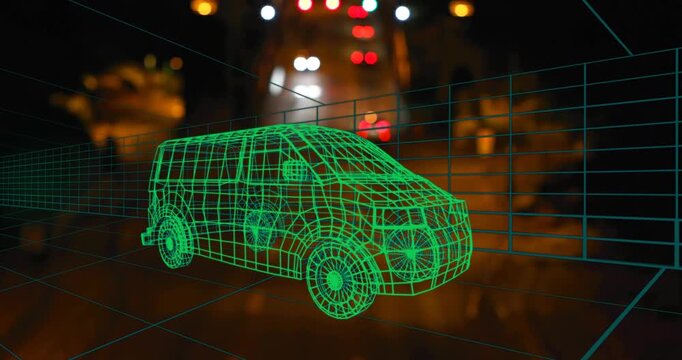 Render starting wireframe van pulsing amber roof light and revealing faint occupant for auto design