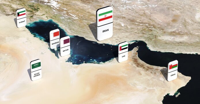 Map of the Persian Gulf with National Flags on Domino Tiles - 3D rendering