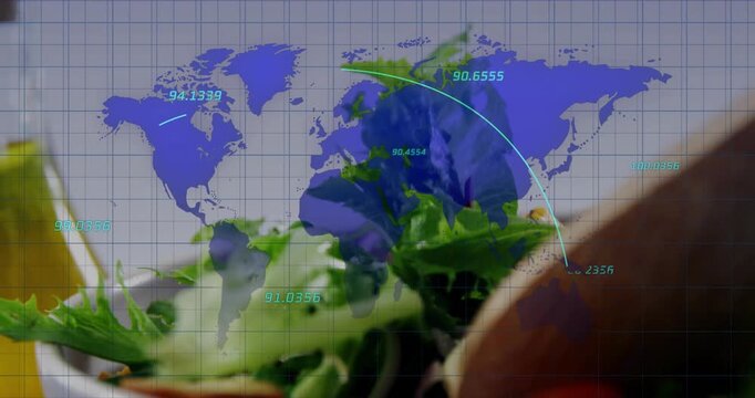 Right hand entering, tossing salad with fork for ads while world map overlaying plate showing data