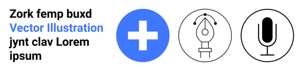 Fototapeta premium Healthcare, graphic design, media, communication, creativity, technology. A blue medical cross, a black pen tool icon and a microphone symbol. Healthcare and graphic design concepts