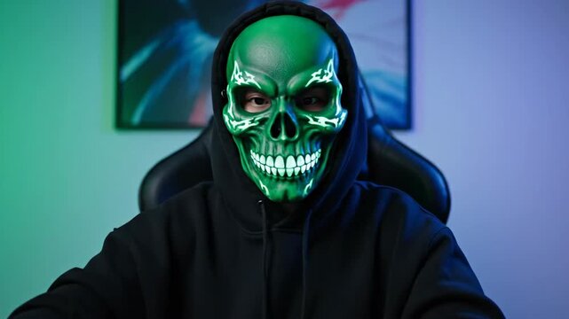 Person in green skull mask against colorful interior background