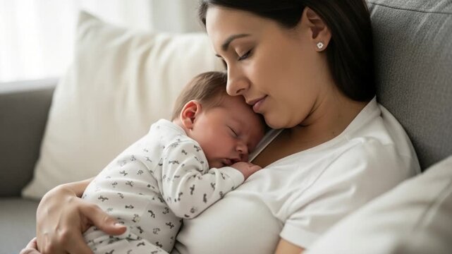 Loving mother holding her newborn baby sleeping peacefully on a sofa