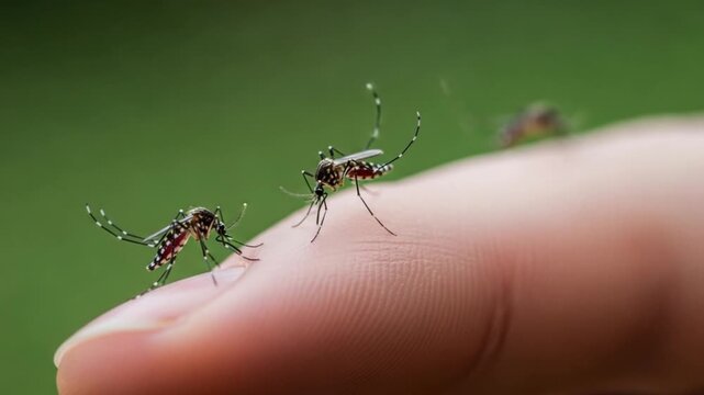 Close up of aedes aegypti mosquitoes landing on a human finger, vector of dengue and zika virus