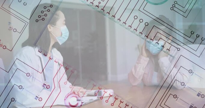 Doctor tapping tablet after patient touching mask, explaining care as circuit overlay linking data
