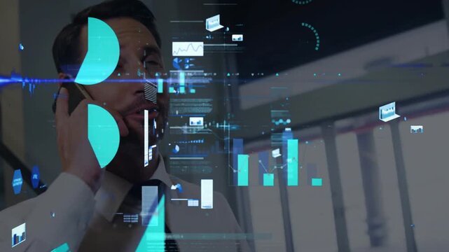 Incoming call starting data overlays, exec answering on smartphone then checking live analytics