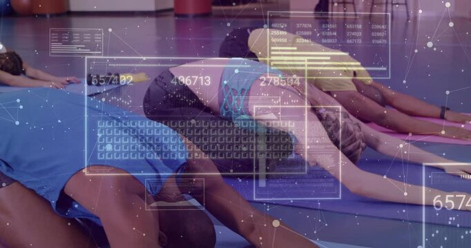 Man kneeling sliding into stretch after instructor cue, yoga overlay HUD panels showing metrics