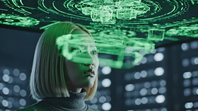 Person looking at futuristic hologram display in modern city