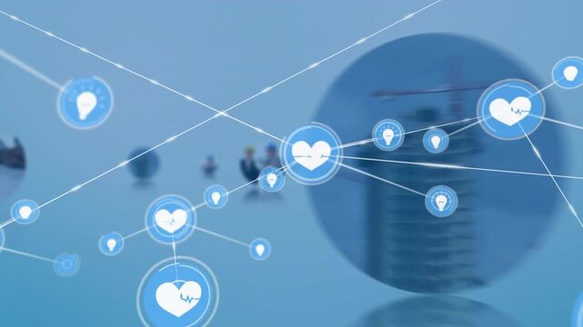 Heart node pulsing, sending heart+bulb icons linking spheres around teams showing business links