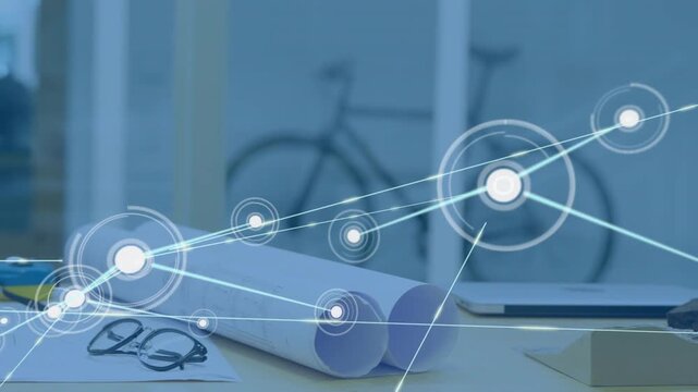 Sequence starting network over plans and desk, expanding, anchoring to items, mapping design links