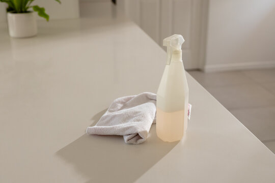 Clear spray bottle with pale liquid sitting beside folded cloth on light countertop near plant left