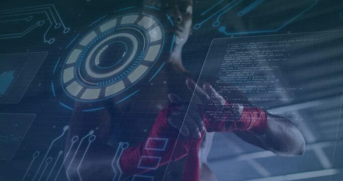 HUD appearing, boxer wrapping red wraps, tightening, tucking, gesturing toward panel, preparing