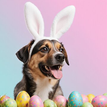 Cute dog with bunny ears surrounded by Easter eggs