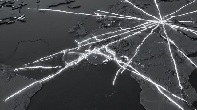 A dynamic visualization of global connectivity, showcasing glowing lines mapping air routes across continents, emphasizing international travel and network expansion.