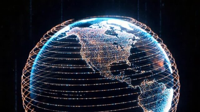 Digital globe of the earth with network connections, global communication technology, data transfer, futuristic world map, internet connectivity, cyber security