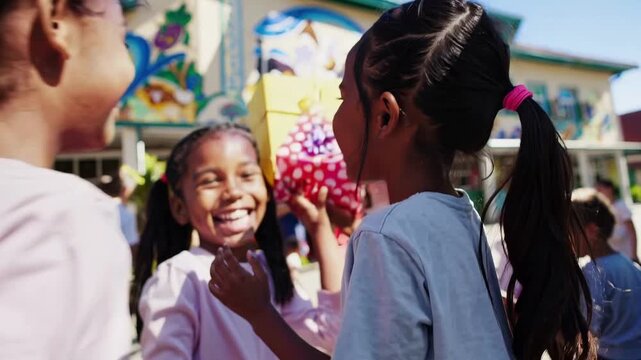 Happy Girl With Presents And Friends. Joyful Girl Unveiling Colorful Birthday Surprises Openly. Young Girl Experiencing Delightful Birthday Moment Surrounded By Friends And Engaging Activities