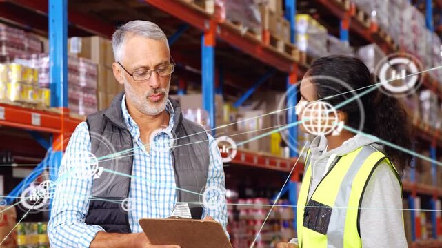 Supervisor pointing clipboard starting HUD network, worker leaning, checking checklist for stock