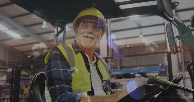 Senior warehouse forklift operator starting preop check scanning checking clipboard using controls