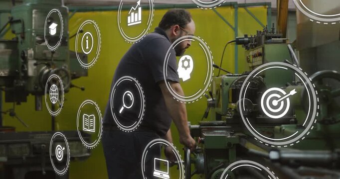 Vertical video: Tech gripping metal lathe, turning, adjusting knobs for precision, icons appearing