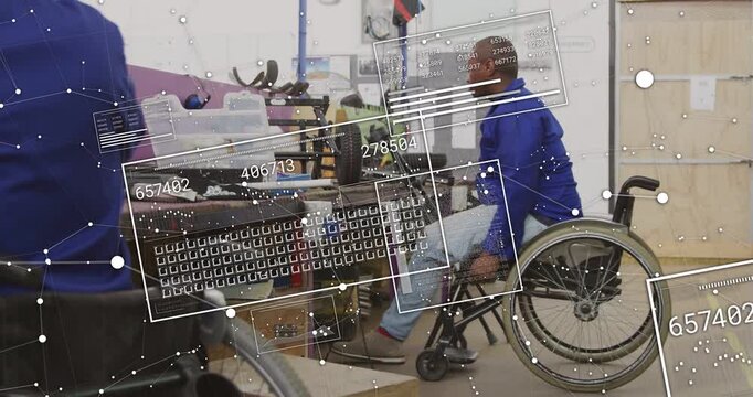 Man in blue jacket weight shifting, standing and lifting frame for repair, AR UI tracking parts