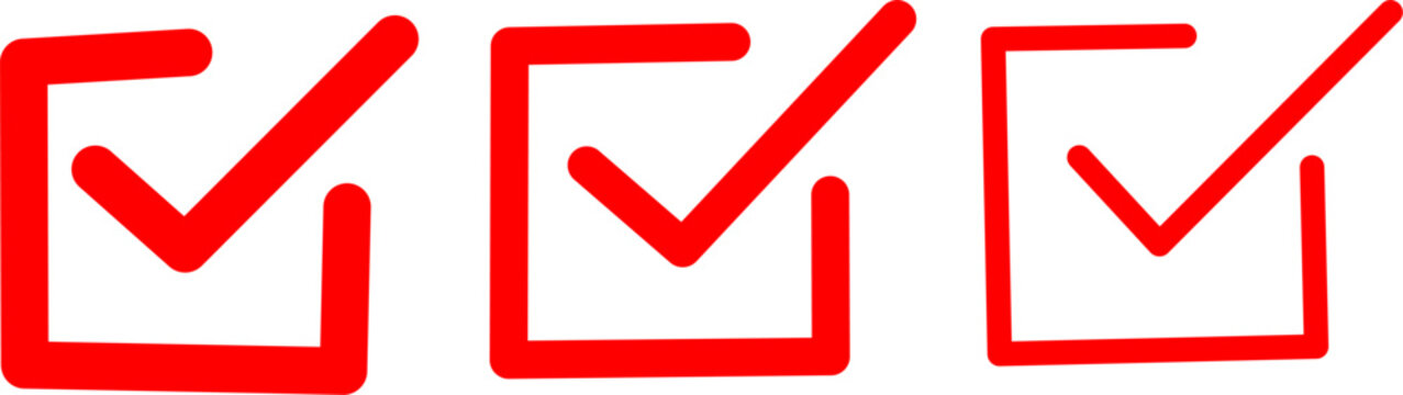 Red checkbox icons with check marks in square boxes on white background representing selection approval task completion and checklist concepts