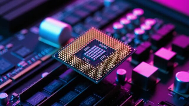 Closeup of a technician in gloves handling a modern computer cpu processor, hightech hardware engineering and electronics manufacturing concept