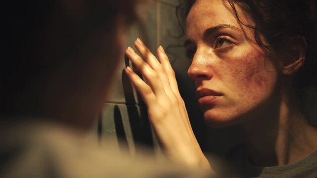 Extreme Close Up of Woman with Bruises in Mirror Reflection, Intense Emotional Cinematic Shot Highlighting Domestic Violence and Psychological Trauma Awareness