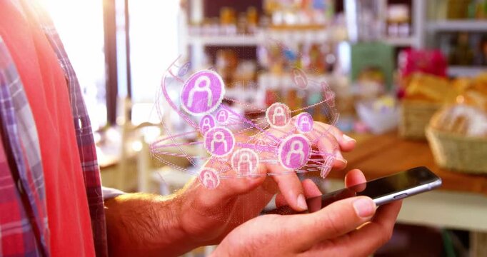 Vertical video: Customer tapping phone at bakery, hologram expanding above phone to show contacts