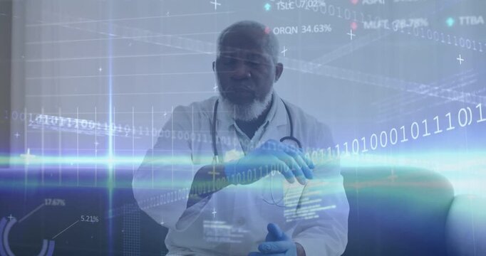 doctor in clinic adjusting gloves while data overlay sweeping across, covering mouth stifling cough