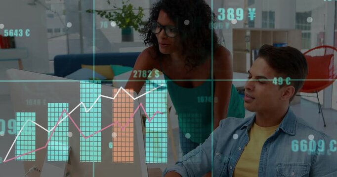 Team clicking mouse and leaning over desk, finance graphs overlaying monitor while tracking growth