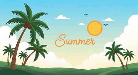 Obraz premium Summer Serenity: A vibrant tropical scene unfolds, featuring lush palm trees swaying gently beneath a bright sun, inviting you to embrace the warmth and joy of the season.