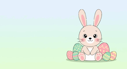 Fototapeta premium Easter Bunny Amidst Painted Eggs: A cheerful Easter bunny sits surrounded by a collection of colorful, patterned eggs. creating a scene that captures the spirit of the holiday. 