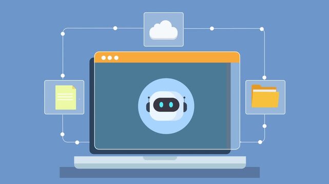 Animated flat illustration of a laptop displaying cloud automation dashboard with bot system and file folder management interface on a minimal background.