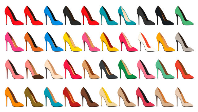 High heel shoes color set with luxury women stiletto pumps, stylish fashion footwear collection, flat CAD vector illustration isolated on white