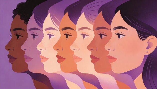 Diverse women profiles in a row for International Womens Day. Flat illustration of multicultural female faces with different skin tones.
