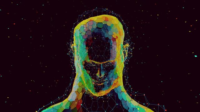 Hypnotic thinking process visualization featuring crystalline data structures and light within a cyber head
