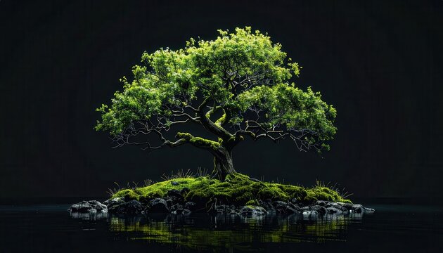 Serene Bonsai Tree Island in Dark Water Reflection.