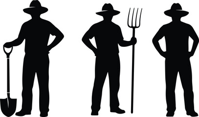 Set of farmer silhouettes with shovel and pitchfork isolated on white background, agriculture worker icons representing rural farming, harvest labor, agrarian lifestyle and countryside profession © Adib