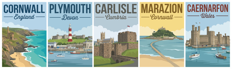 Vintage united kingdom travel poster set. Including cornwall, plymouth, carlisle, marazion, and caernarfon. Retro vector.