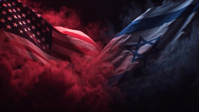 Flags of the United States and Israel waving through dense black and red smoke, dark symbolic atmosphere reflecting tension, alliance and conflict, dramatic scene of power, uncertainty and global