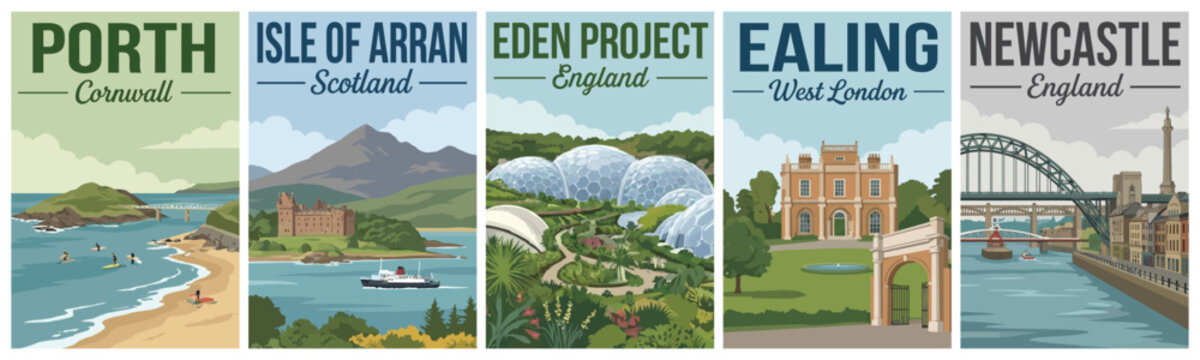 Vintage uk travel poster set. Including porth cornwall, isle of arran scotland, eden project england, ealing west london, and newcastle bridge. Retro vector.