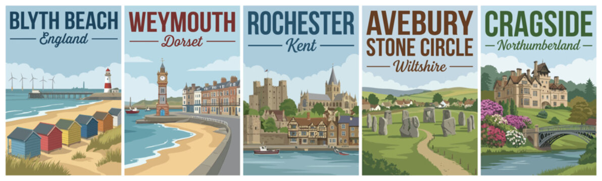 Vintage uk travel poster set. Including blyth beach, weymouth dorset, rochester kent, avebury stone circle wiltshire, and cragside house. Retro vector art.