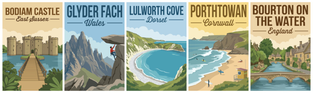 Vintage british united kingdom travel poster set. Including bodiam castle, glyder fach, lulworth cove, porthtowan, and bourton on the water. Retro vector.