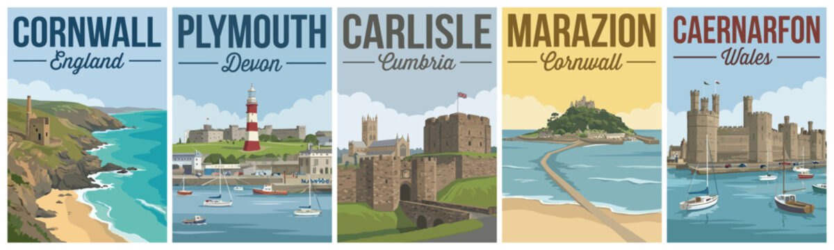 Vintage united kingdom travel poster set. Including cornwall, plymouth, carlisle, marazion, and caernarfon. Retro vector.